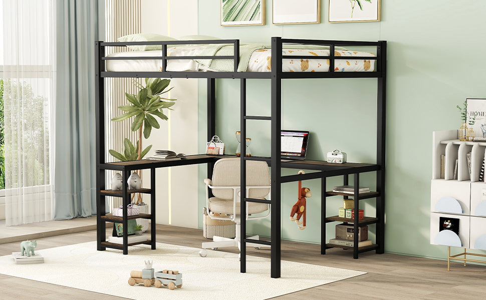 Full Metal Loft Bed with Desk, Shelves & Ladder – Full Size Space-Saving Bedroom Bed Frame