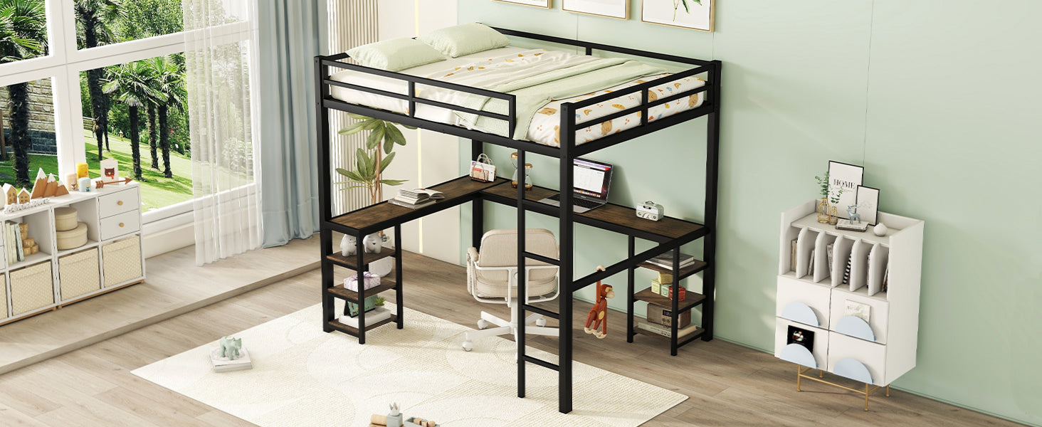 Full Metal Loft Bed with Desk, Shelves & Ladder – Full Size Space-Saving Bedroom Bed Frame