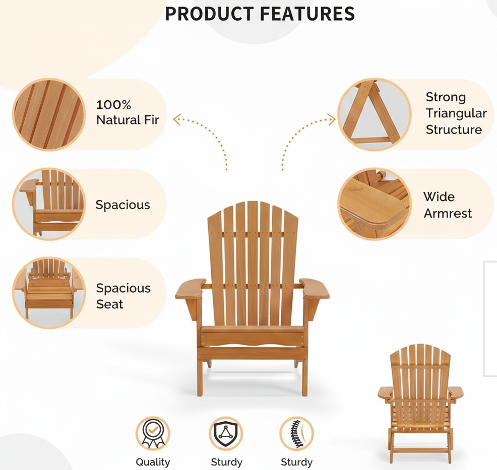 Folding Adirondack Chair – Carbonized Wood, 350 lb Capacity, Waterproof Outdoor Patio Chair