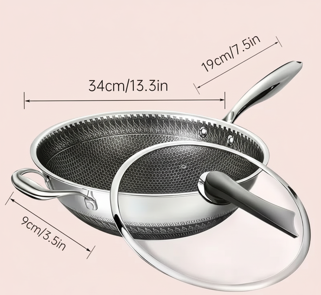 13.3" Stainless Steel Wok Pan – Honeycomb Nonstick Interior, Tempered Glass Lid | All Cooktops