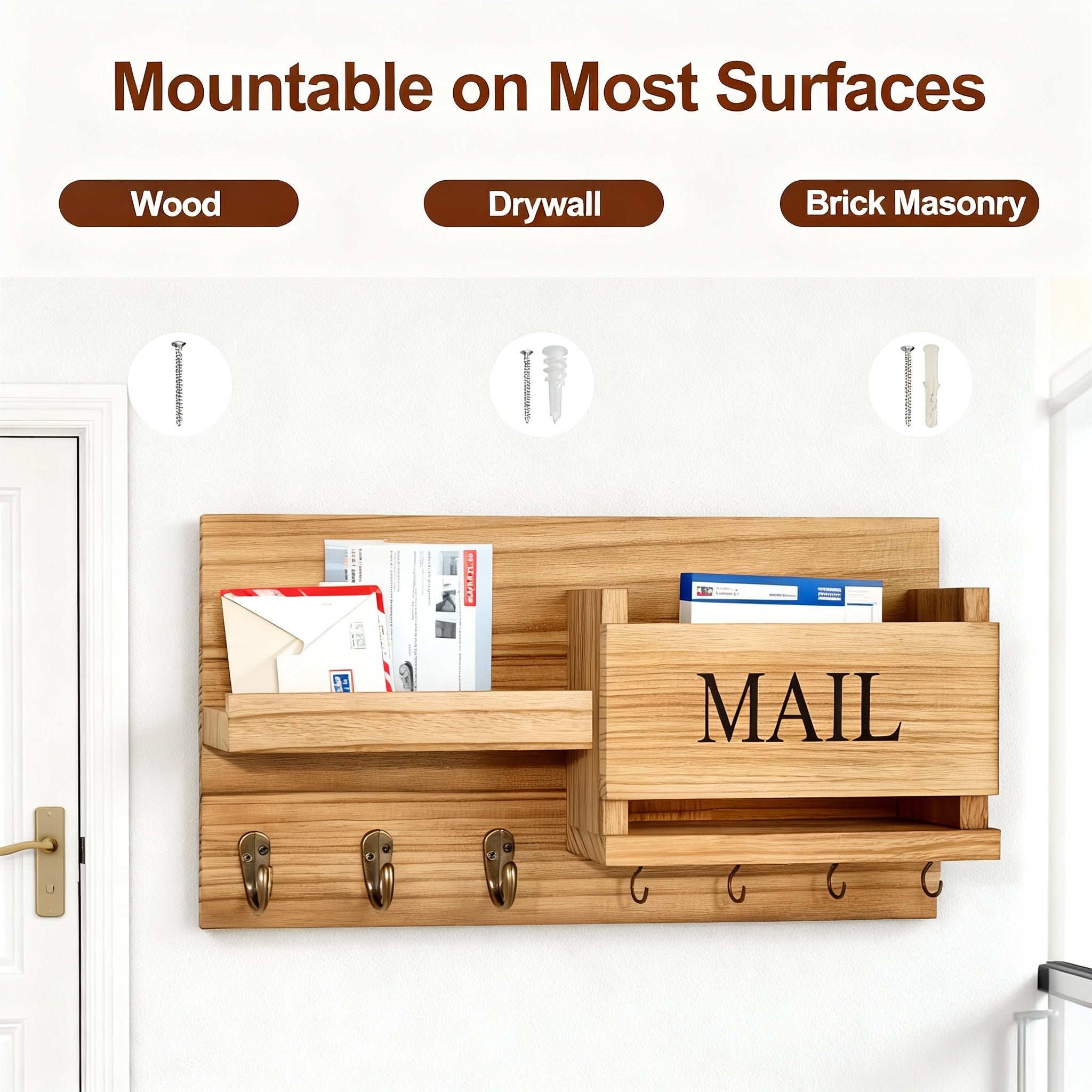 Rustic Wood Wall Organizer – Key Holder, Mail Rack & Multi-Hook Entryway Shelf