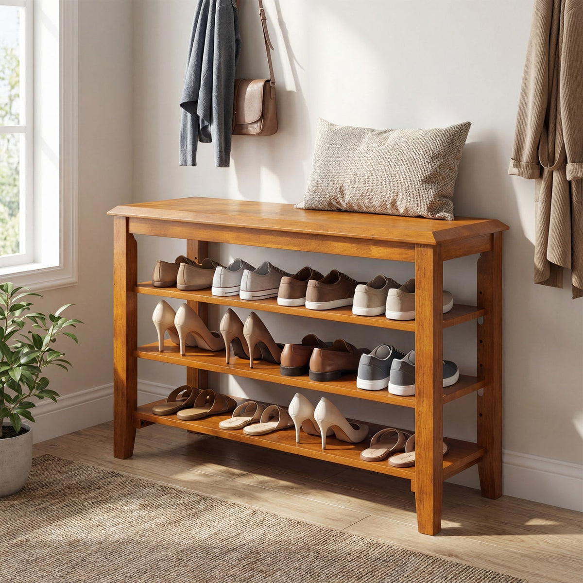 31.5" Solid Wood Shoe Rack Bench with Adjustable Shelves