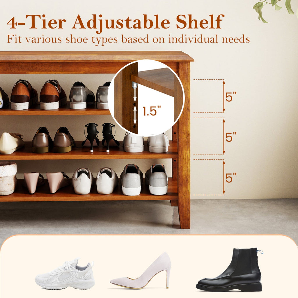 31.5" Solid Wood Shoe Rack Bench with Adjustable Shelves
