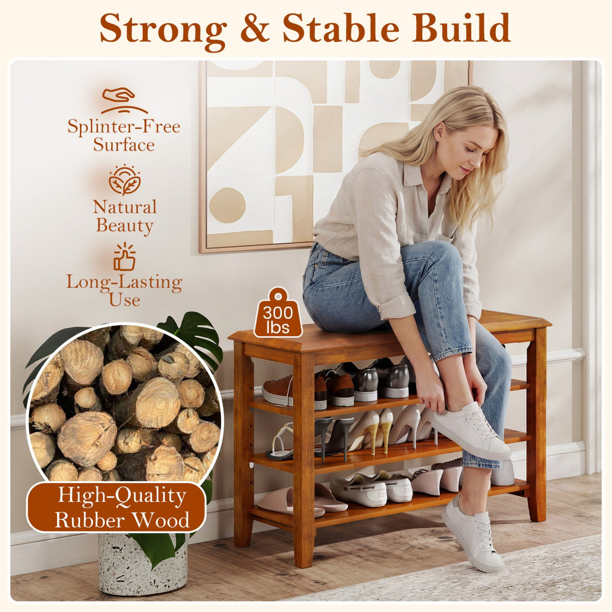 31.5" Solid Wood Shoe Rack Bench with Adjustable Shelves