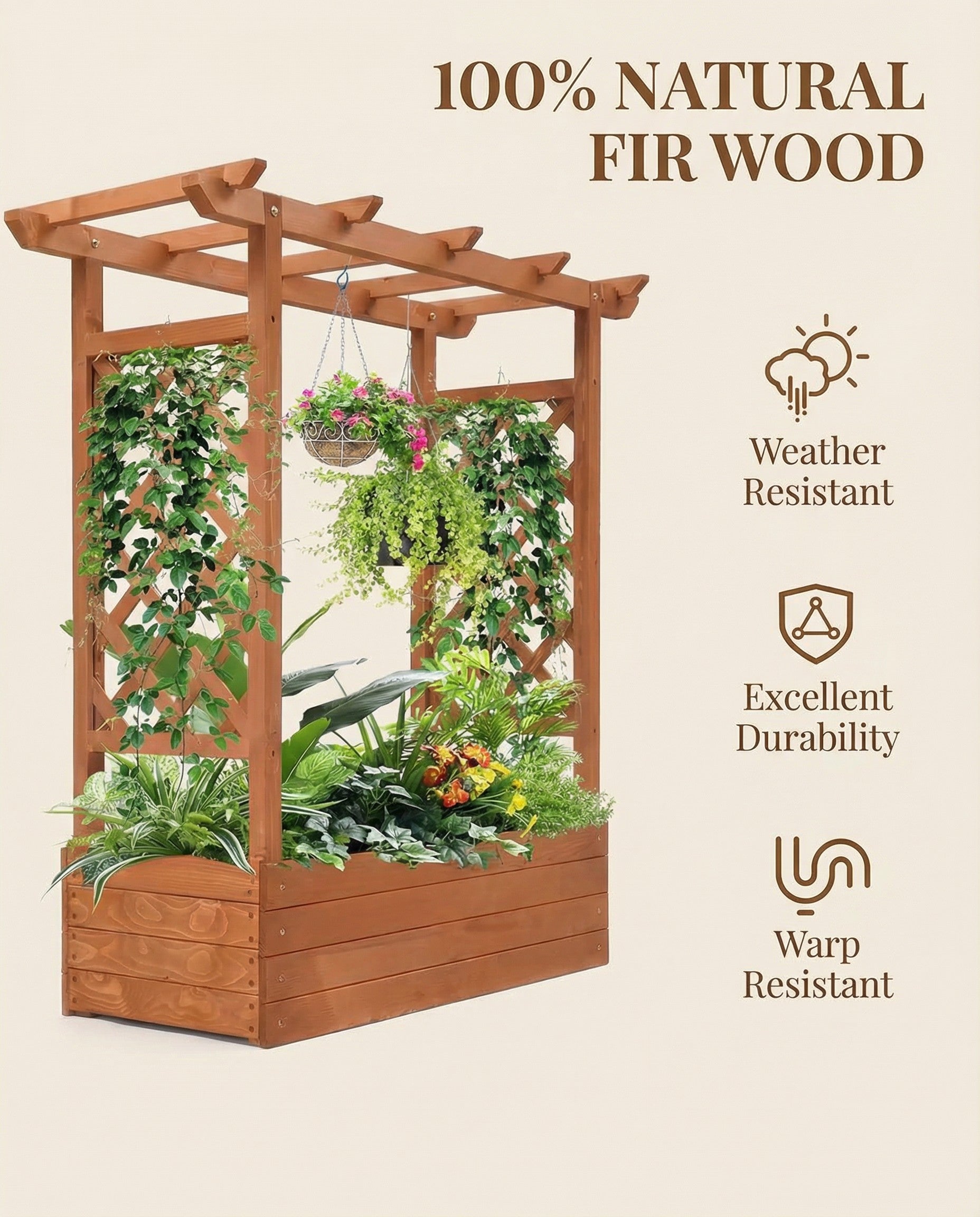 Raised Wooden Planter Box with Pergola Trellis – 100% Fir Wood, 4 Drainage Holes | Patio & Balcony