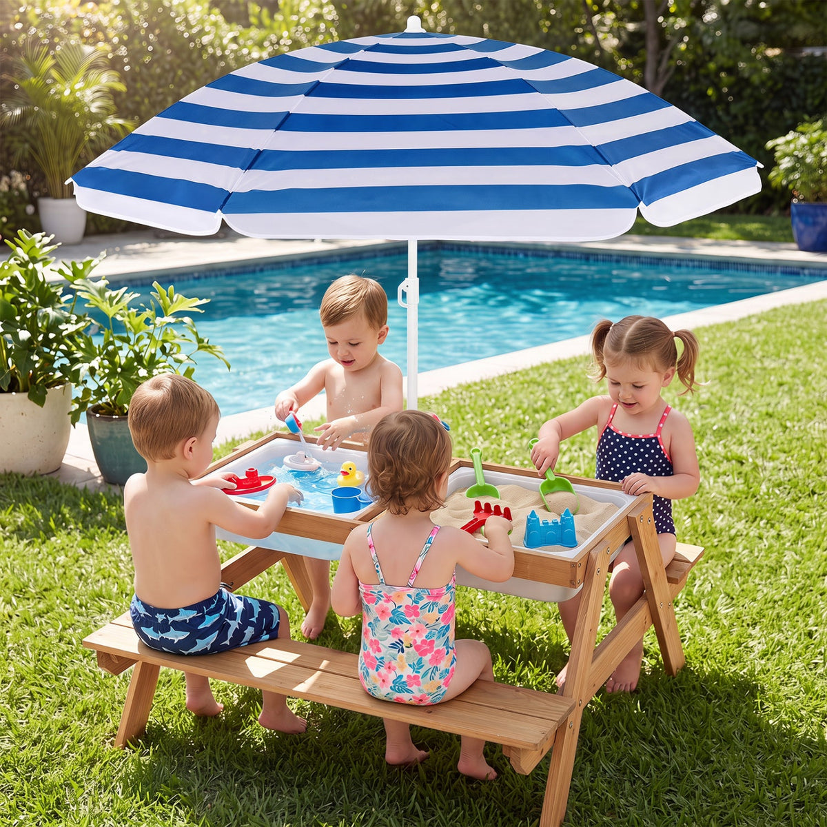3-in-1 Kids Fir Picnic Table with Umbrella
