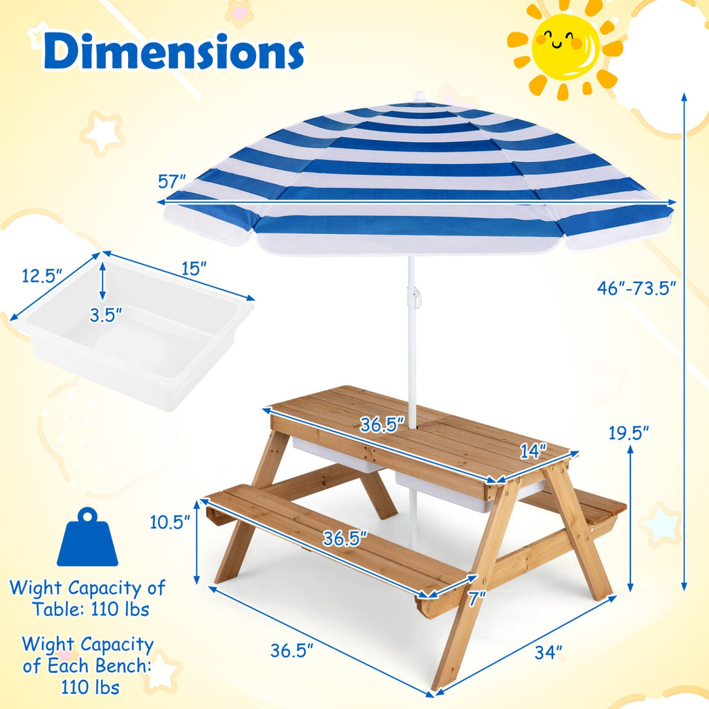 3-in-1 Kids Fir Picnic Table with Umbrella