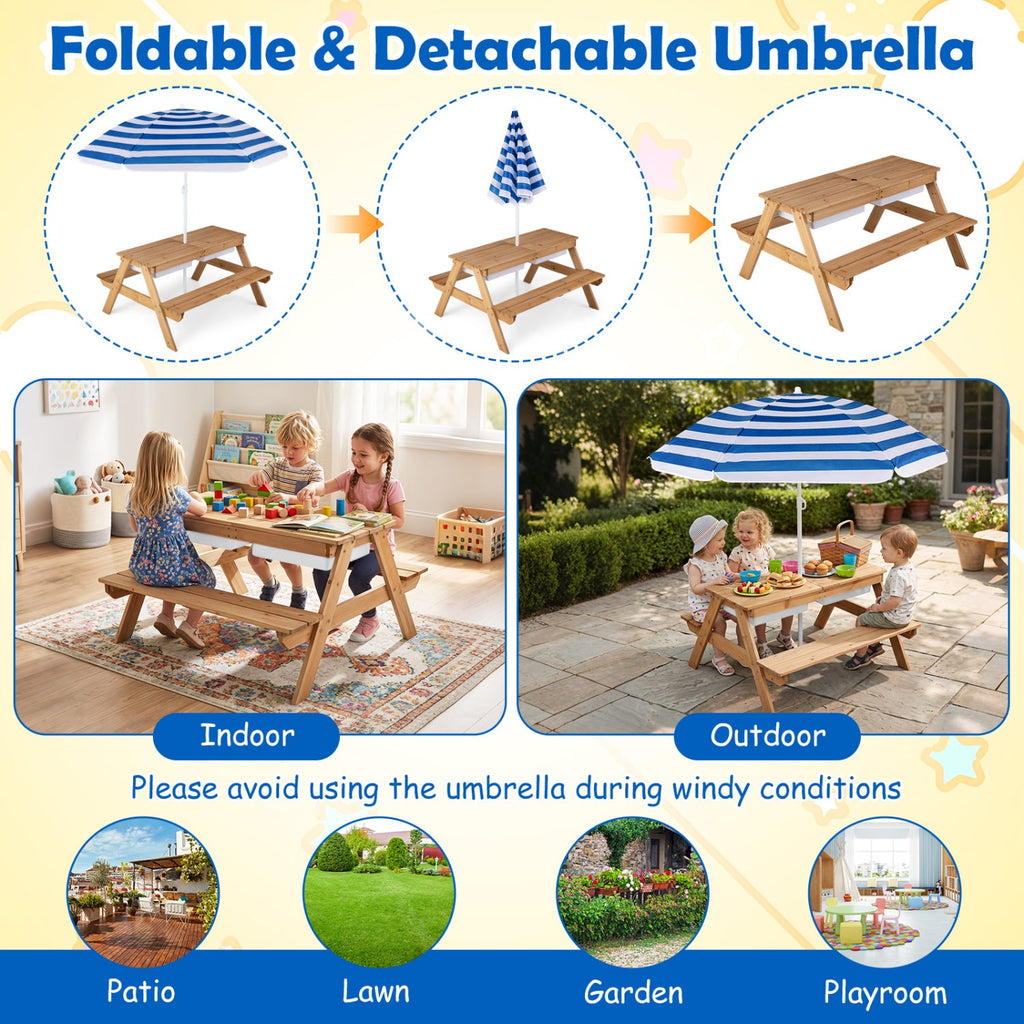 3-in-1 Kids Fir Picnic Table with Umbrella