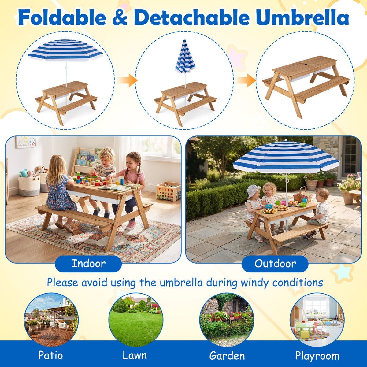 3-in-1 Kids Fir Picnic Table with Umbrella