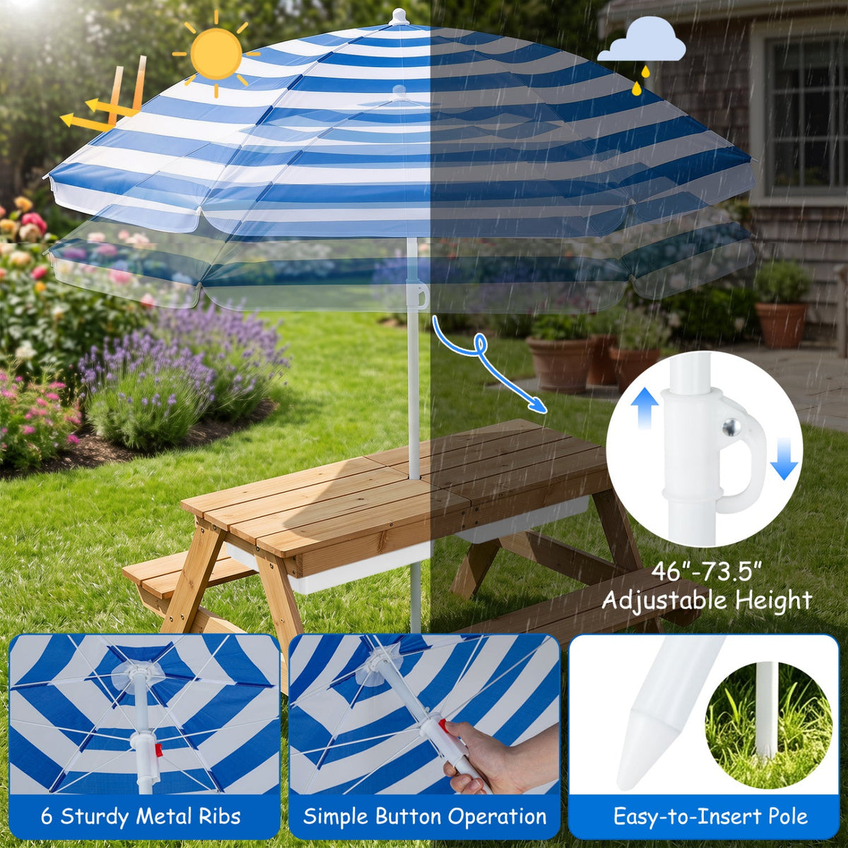 3-in-1 Kids Fir Picnic Table with Umbrella