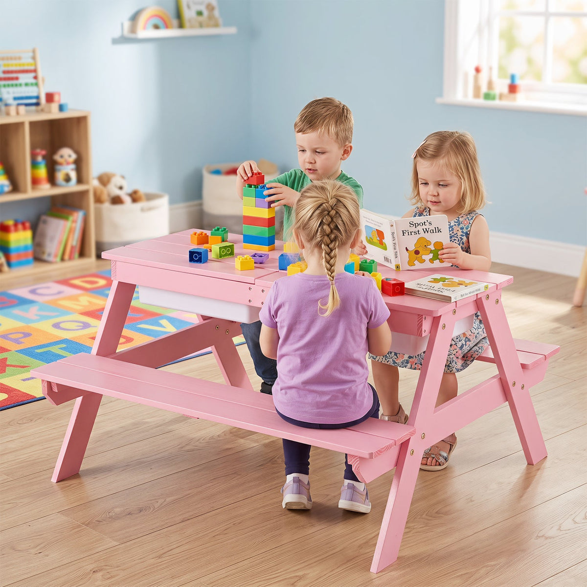 3-in-1 Kids Fir Picnic Table with Umbrella