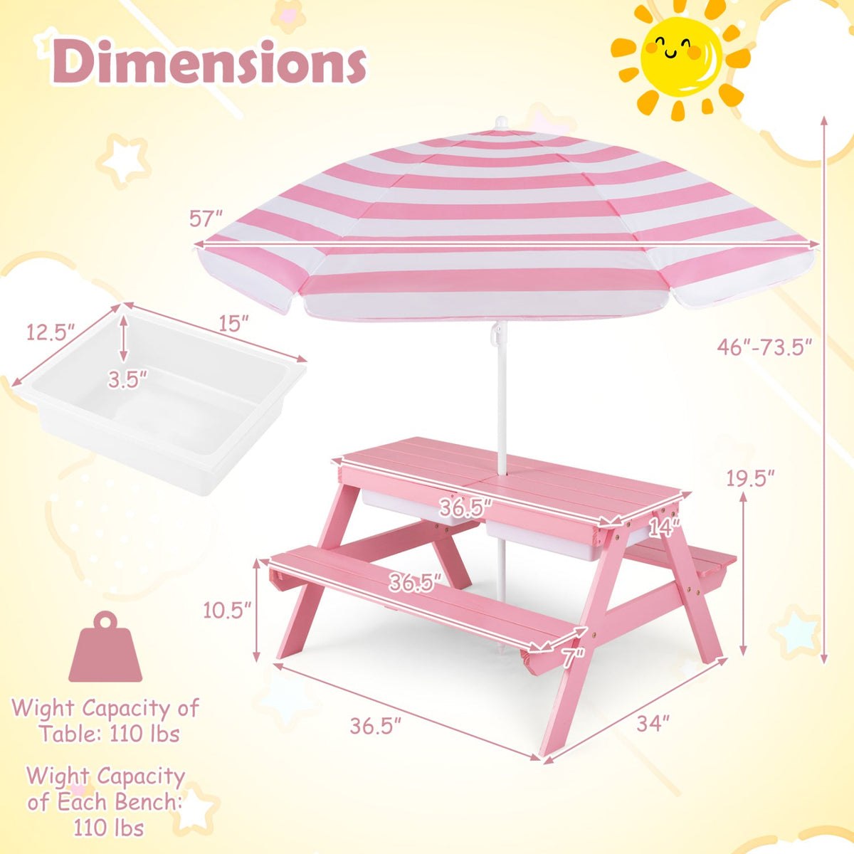 3-in-1 Kids Fir Picnic Table with Umbrella