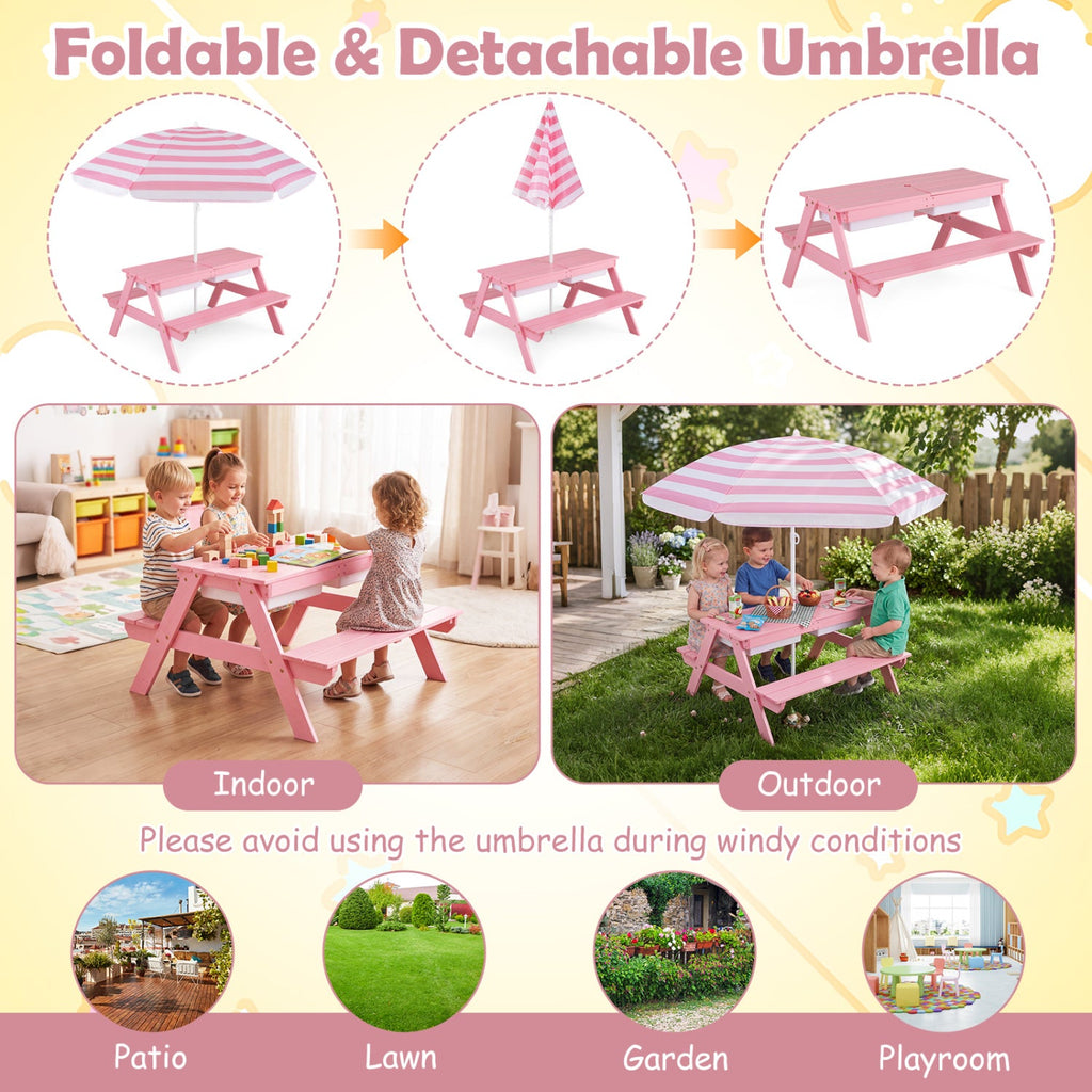 3-in-1 Kids Fir Picnic Table with Umbrella