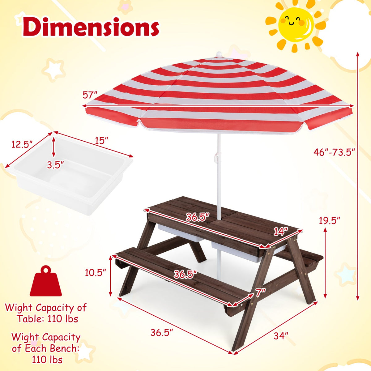 3-in-1 Kids Fir Picnic Table with Umbrella