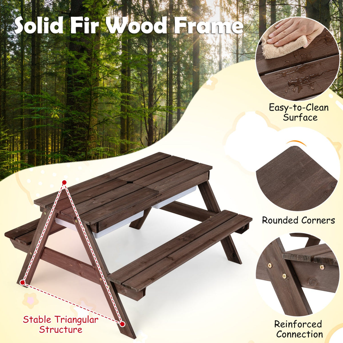 3-in-1 Kids Fir Picnic Table with Umbrella