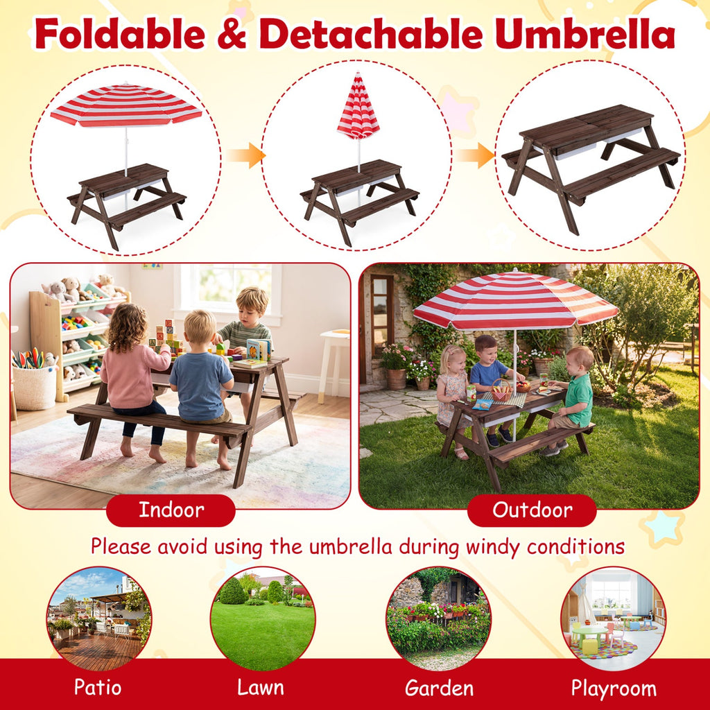 3-in-1 Kids Fir Picnic Table with Umbrella