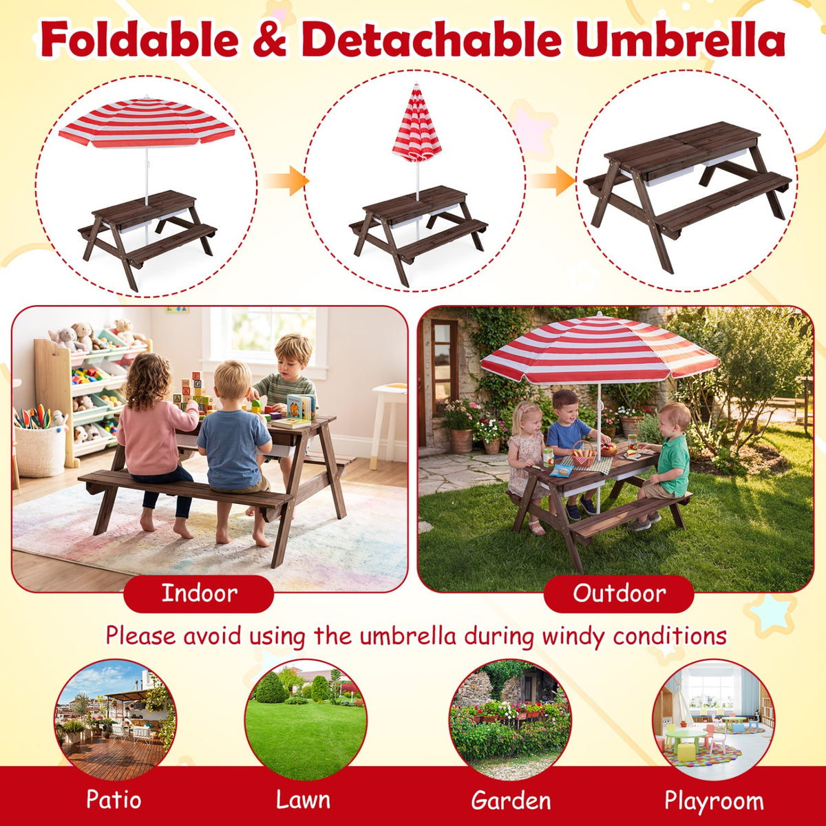 3-in-1 Kids Fir Picnic Table with Umbrella