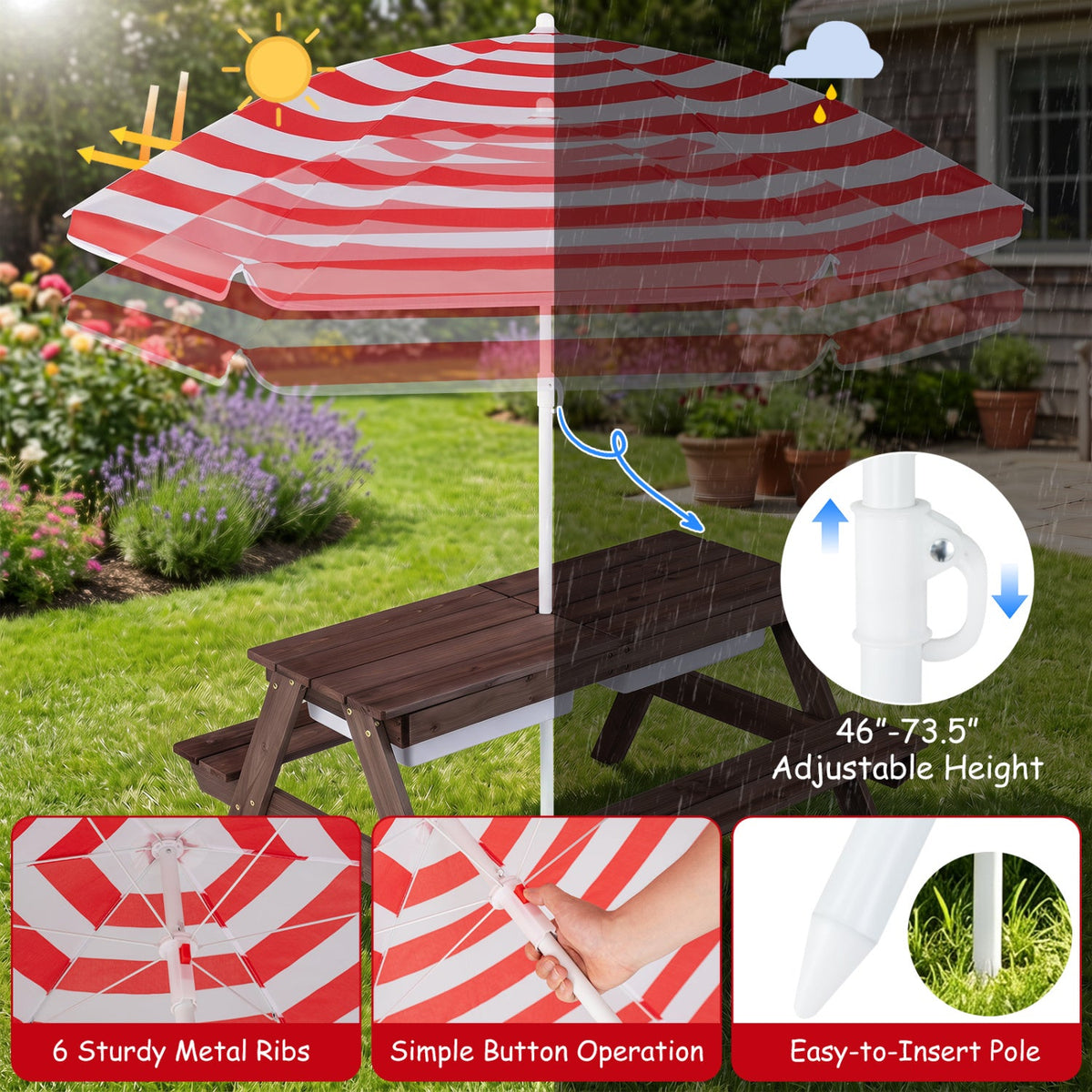 3-in-1 Kids Fir Picnic Table with Umbrella