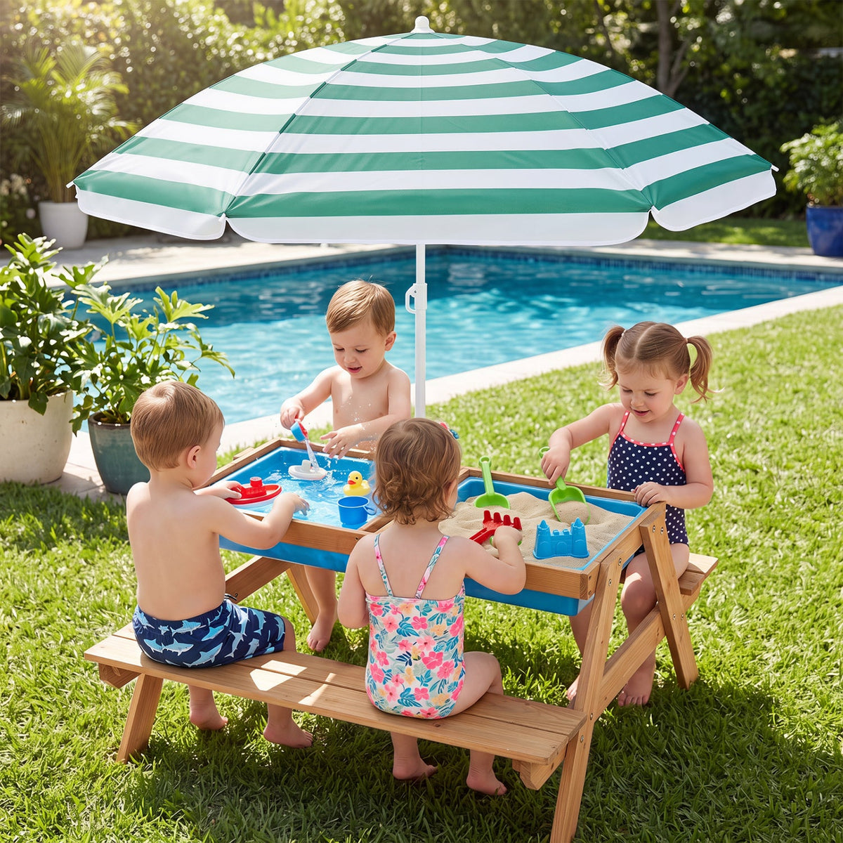 3-in-1 Kids Fir Picnic Table with Umbrella
