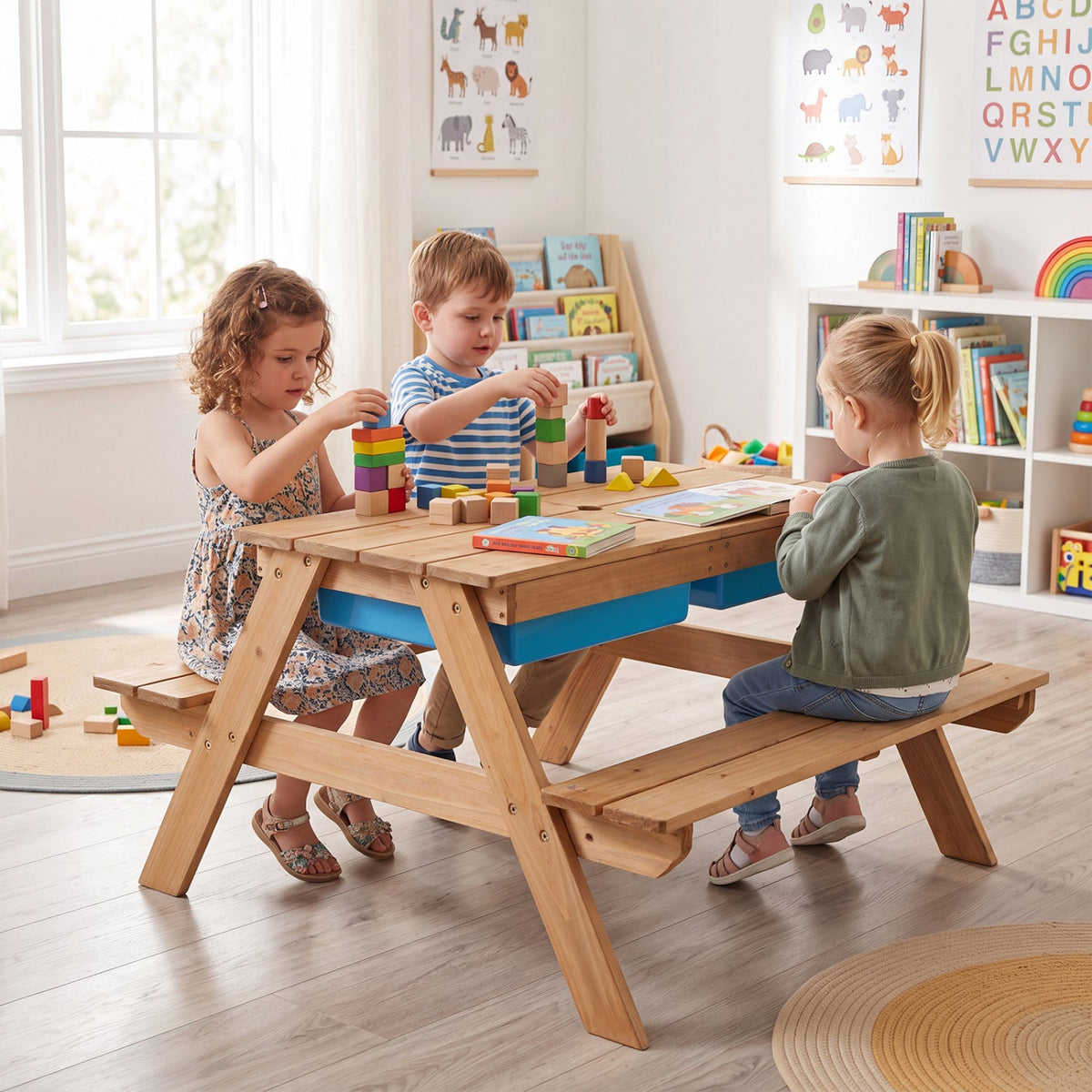 3-in-1 Kids Fir Picnic Table with Umbrella