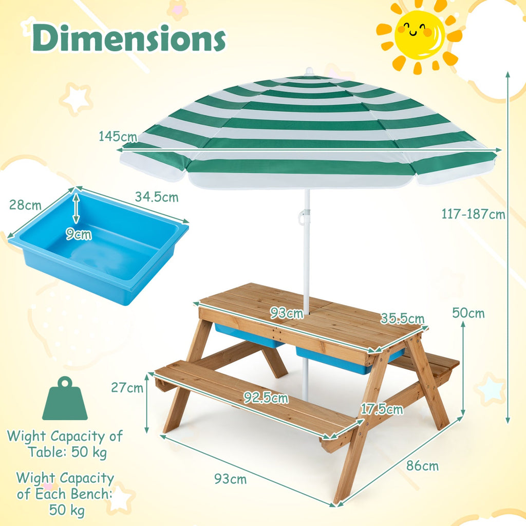 3-in-1 Kids Fir Picnic Table with Umbrella