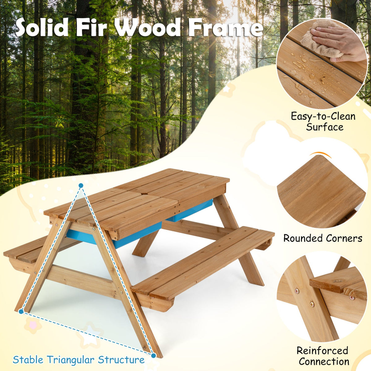 3-in-1 Kids Fir Picnic Table with Umbrella