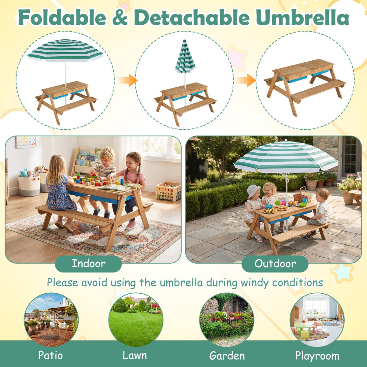 3-in-1 Kids Fir Picnic Table with Umbrella