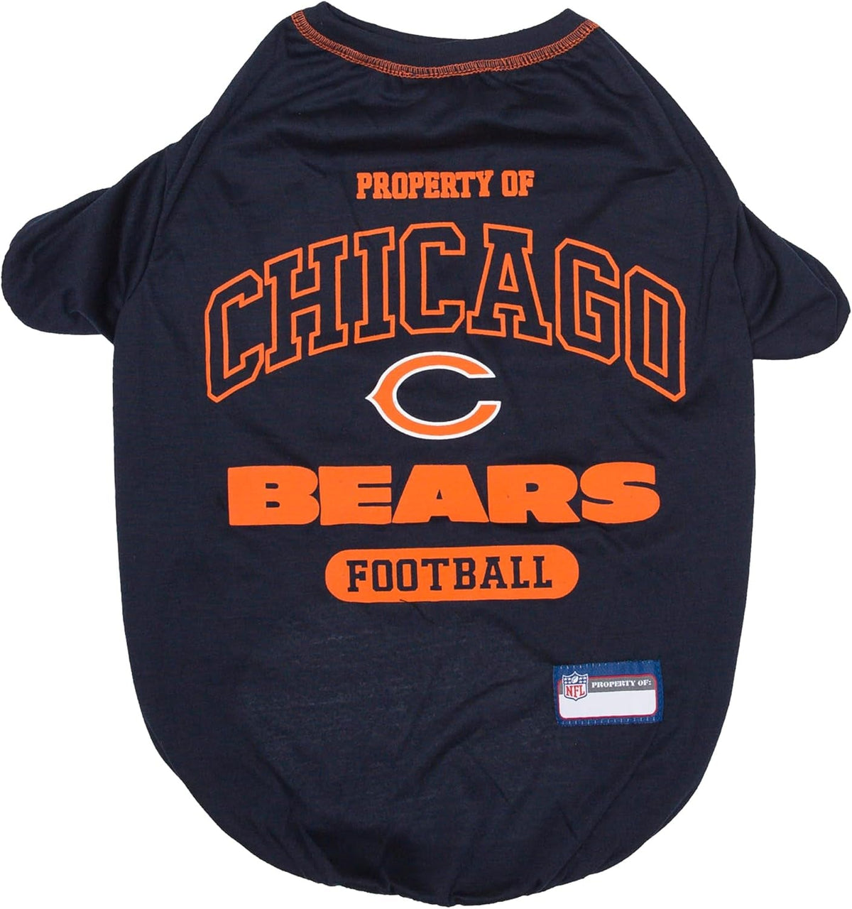 Navy blue pet shirt with 'Property of Chicago Bears Football' text and logo on a white background