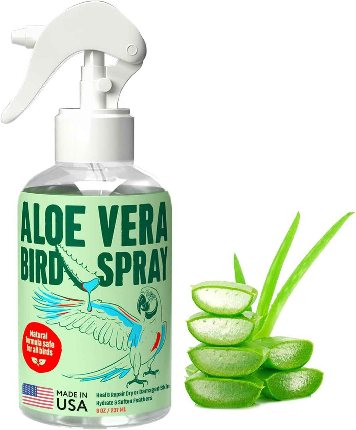 Aloe vera bird spray bottle with aloe vera leaves on a white background