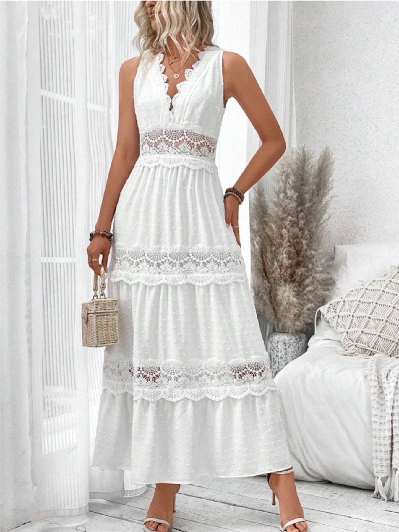 Lace Swiss Dot Sleeveless Maxi Dress