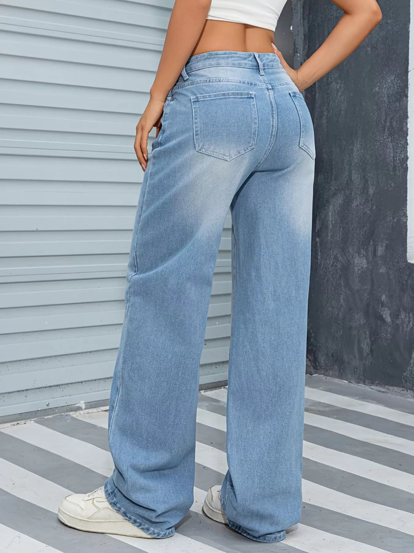 Women's Wide Leg Washed Jeans | Drawstring Waist with Pockets