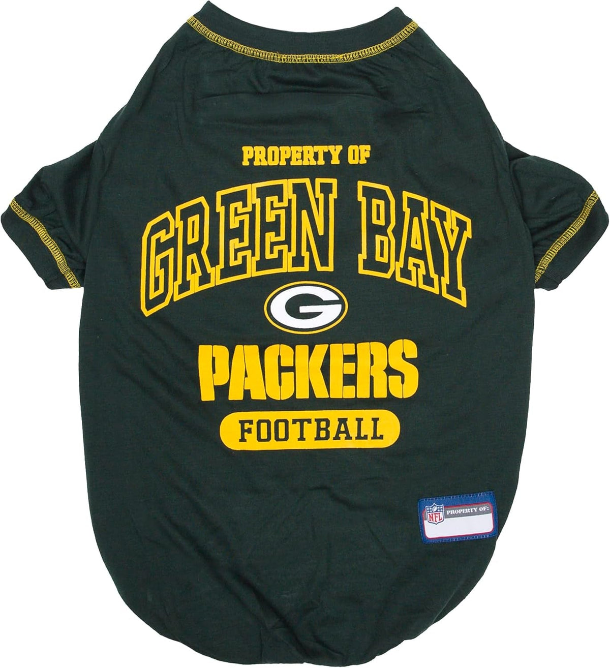 A dark green dog t-shirt featuring 'PROPERTY OF GREEN BAY PACKERS FOOTBALL' in yellow text with the Green Bay Packers logo, and an NFL tag near the bottom right.