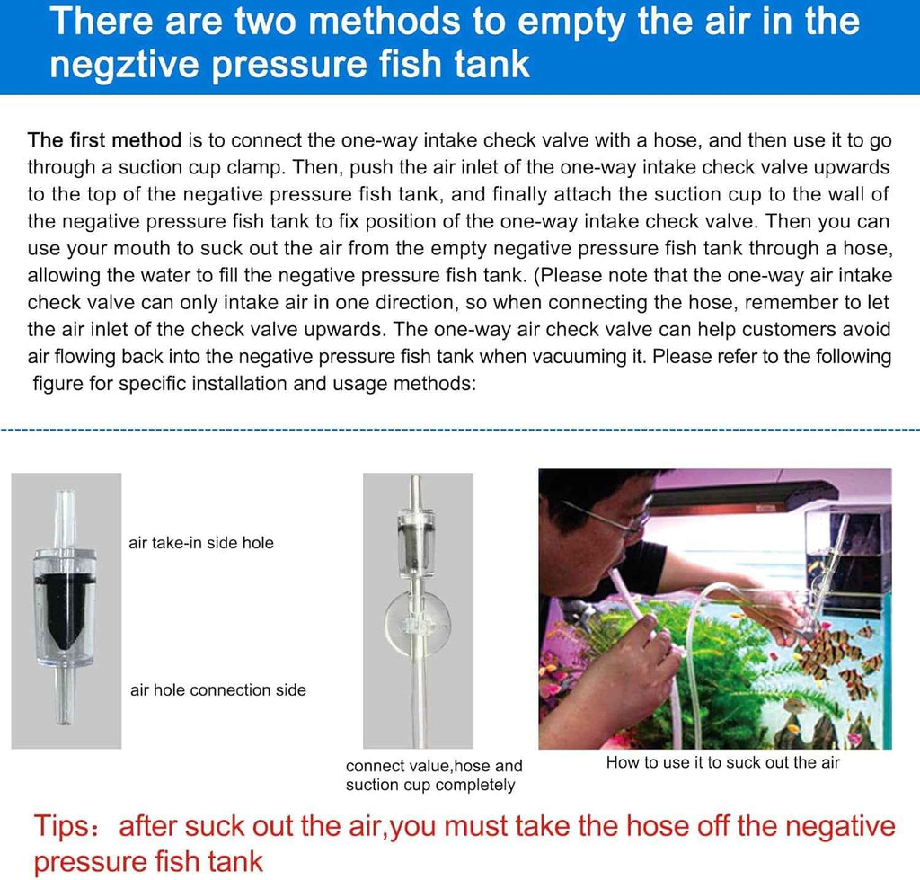 Instructions on emptying air from a negative pressure fish tank with text and images.