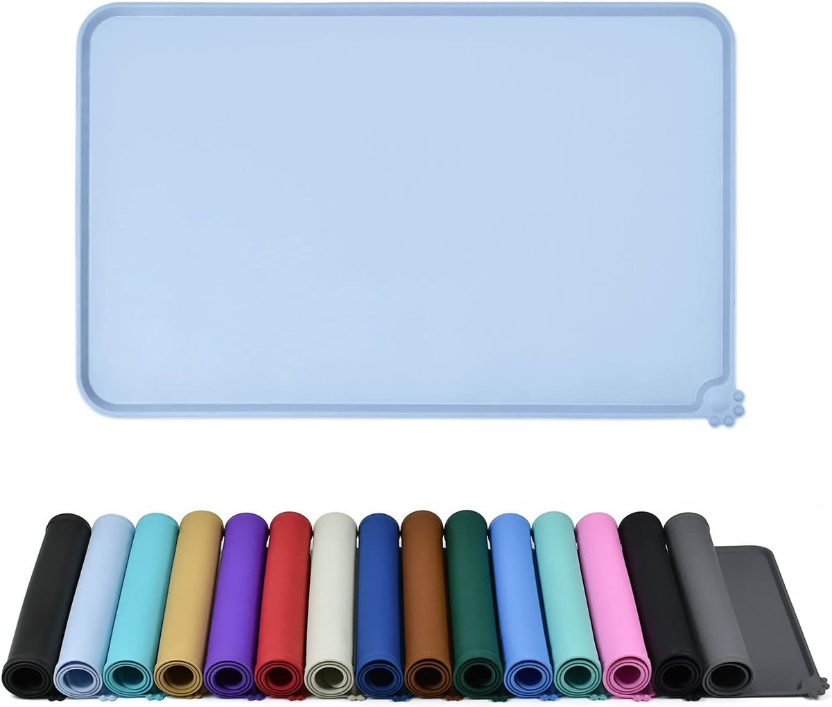 Pale blue raised-edge silicone feeding mat above rolled mats in multiple colors.
