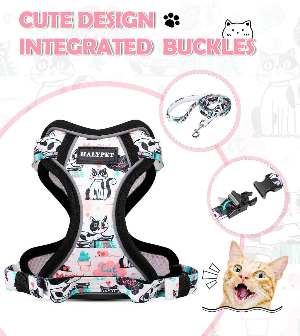 A pet harness with integrated buckle details, featuring a black and white cat pattern with pink and teal accents. The image includes marketing text 'CUTE DESIGN INTEGRATED BUCKLES' and circular inset details of the leash and buckle, with a cartoon cat graphic at the bottom right.