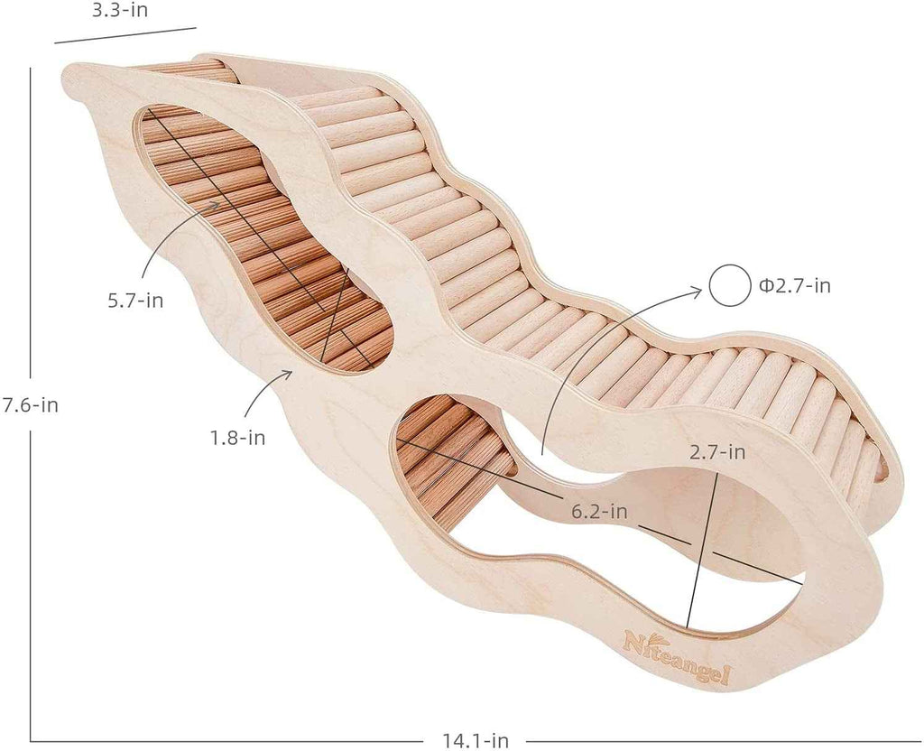 Wooden hamster tunnel dimension diagram showing 14.1-inch length and slatted climbing surface
