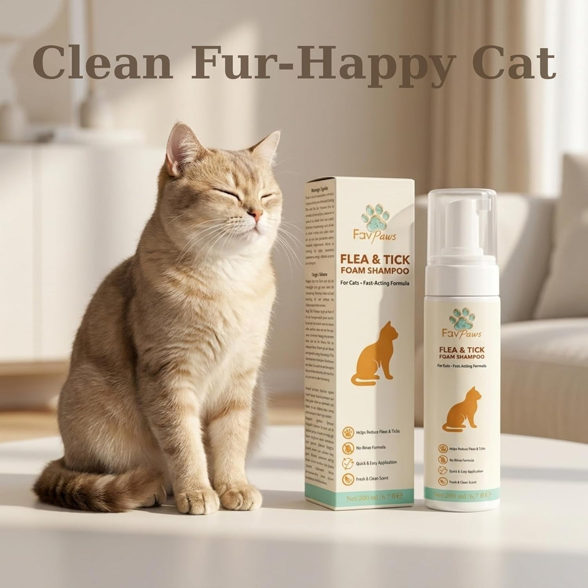 A beige cat sits on a white table next to a box and pump bottle of FayFacts Flea & Tick Foam Shampoo, with the text 'Clean Fur-Happy Cat' at the top.