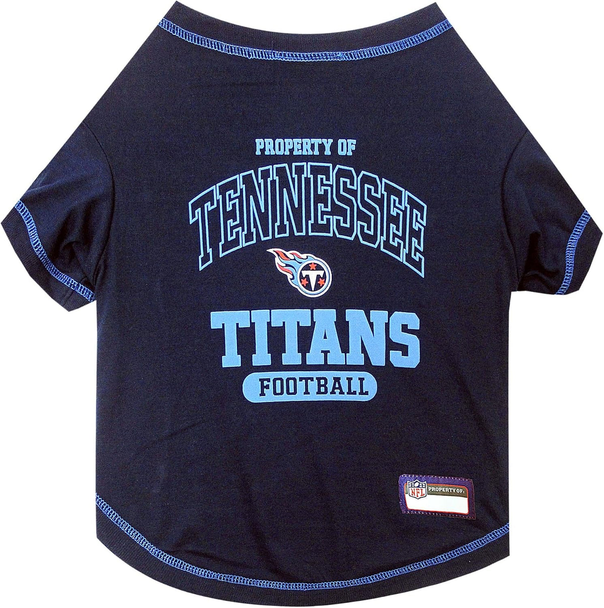 A navy blue pet t-shirt featuring Tennessee Titans football graphics on the front, including the team logo and text, with blue contrast stitching.