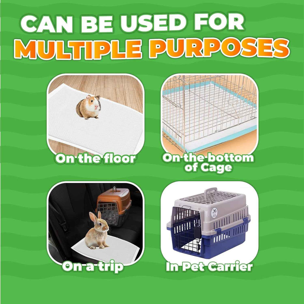 Product used on the floor, bottom of a cage, in a pet carrier, and on a trip with text 'Can be used for multiple purposes'.