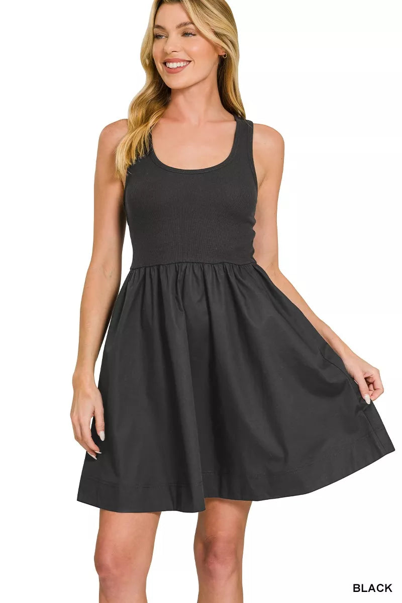 Zenana Mixed Knit & Woven Midi Dress | Black