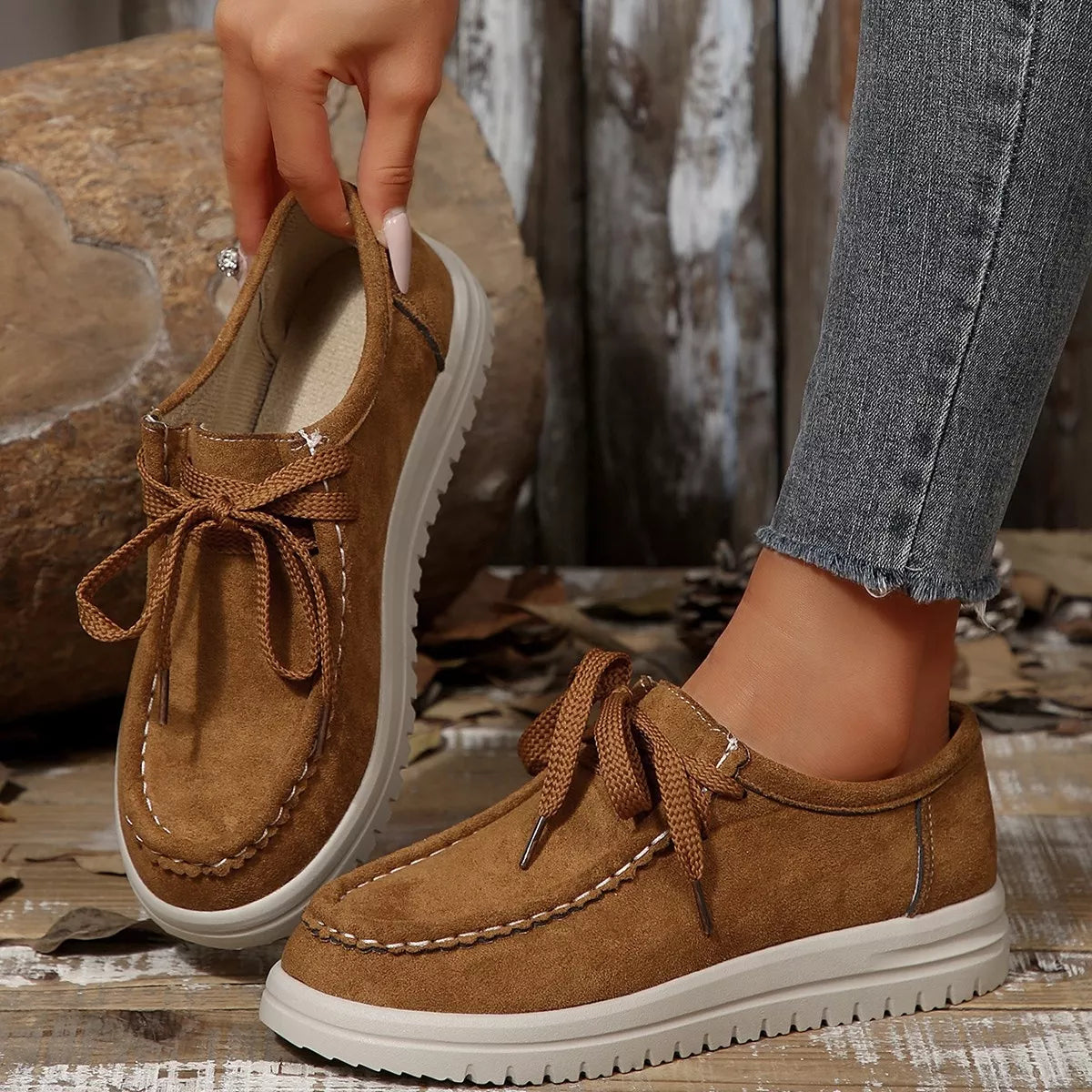 Women's Lace-Up Suede Round Toe Flats | Comfortable Casual Shoes