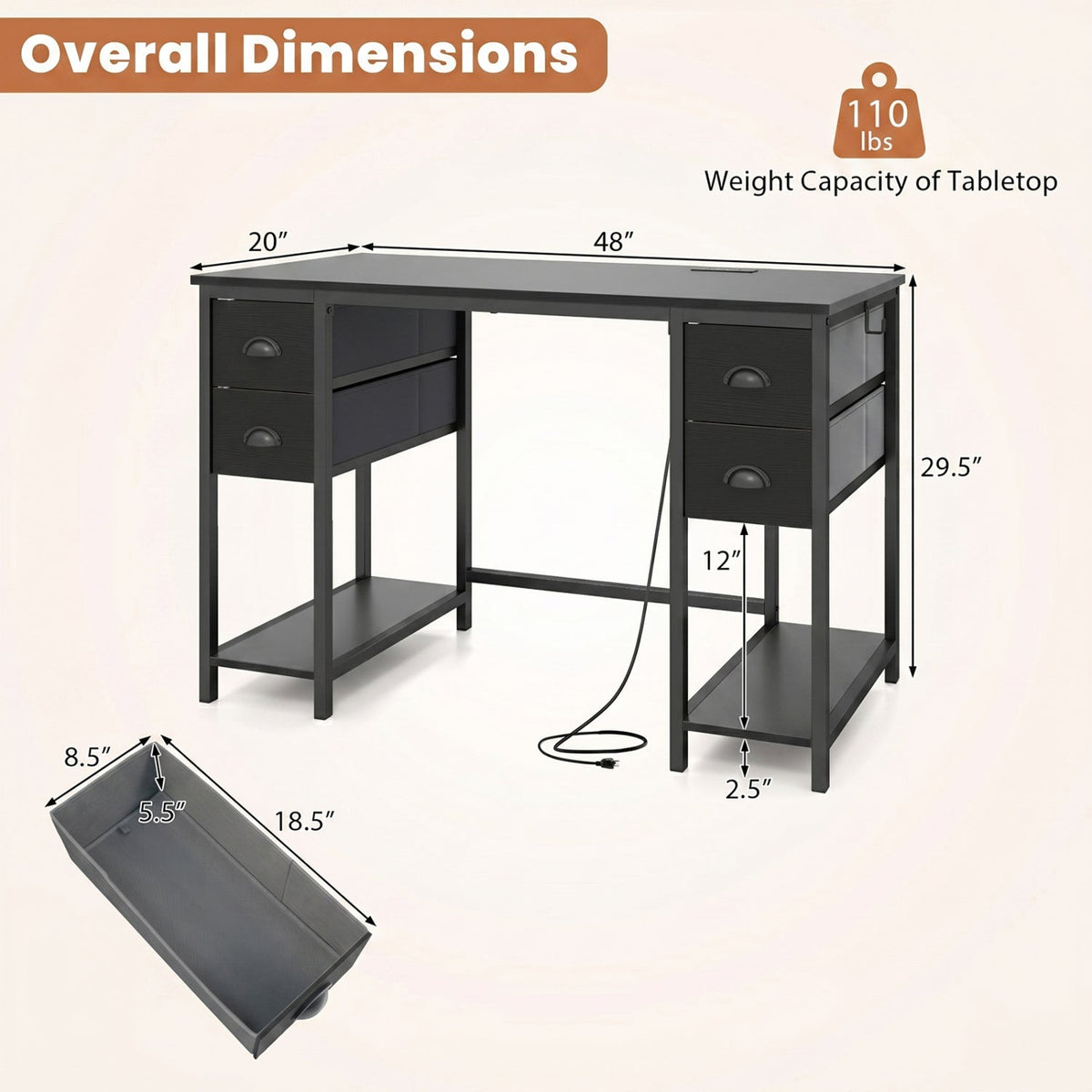 48-Inch Computer Desk with Power Outlet