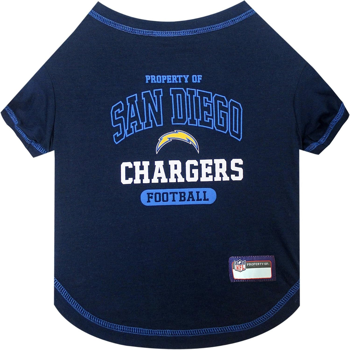 Navy blue pet t-shirt with 'San Diego Chargers' text and logo on a white background