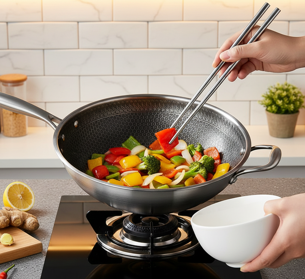 13.3" Stainless Steel Wok Pan – Honeycomb Nonstick Interior, Tempered Glass Lid | All Cooktops