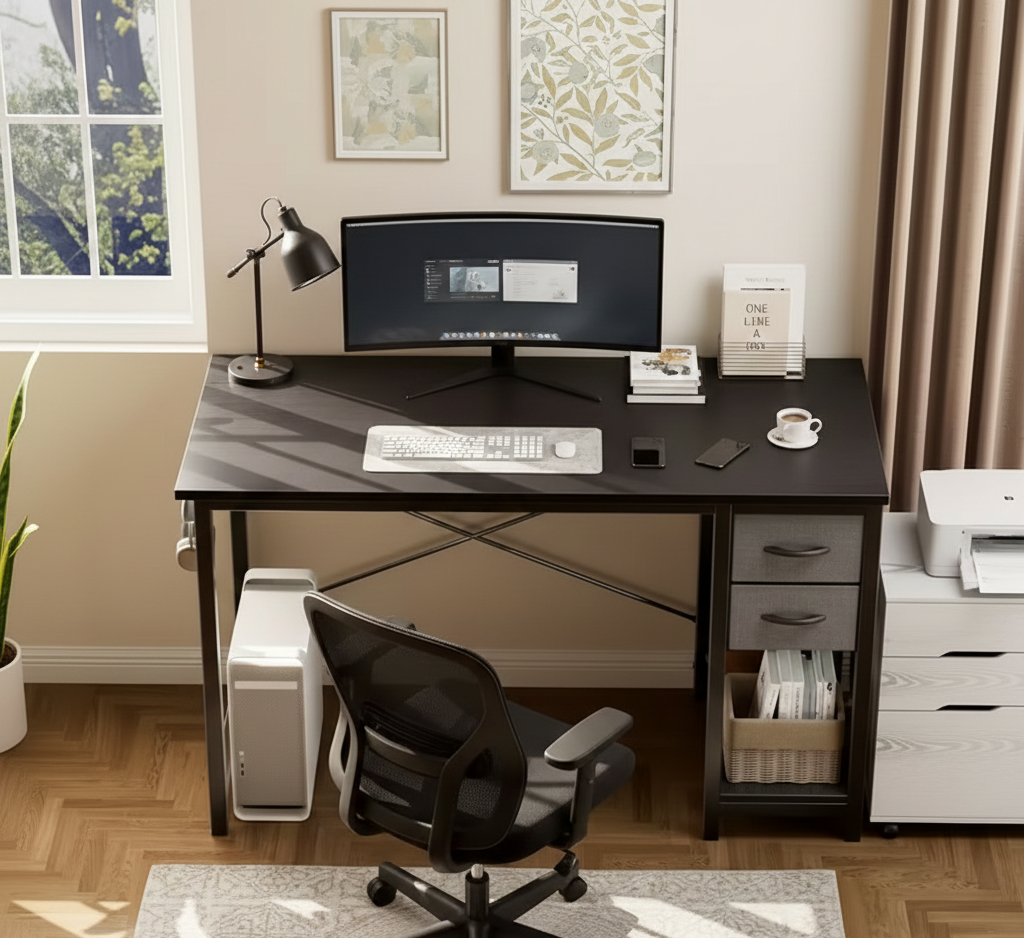 Computer Desk with Fabric Storage Drawers – Modern Home Office Table, 40" & 47"