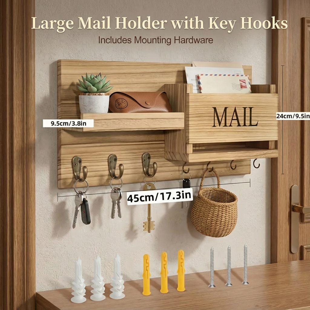 Rustic Wood Wall Organizer – Key Holder, Mail Rack & Multi-Hook Entryway Shelf