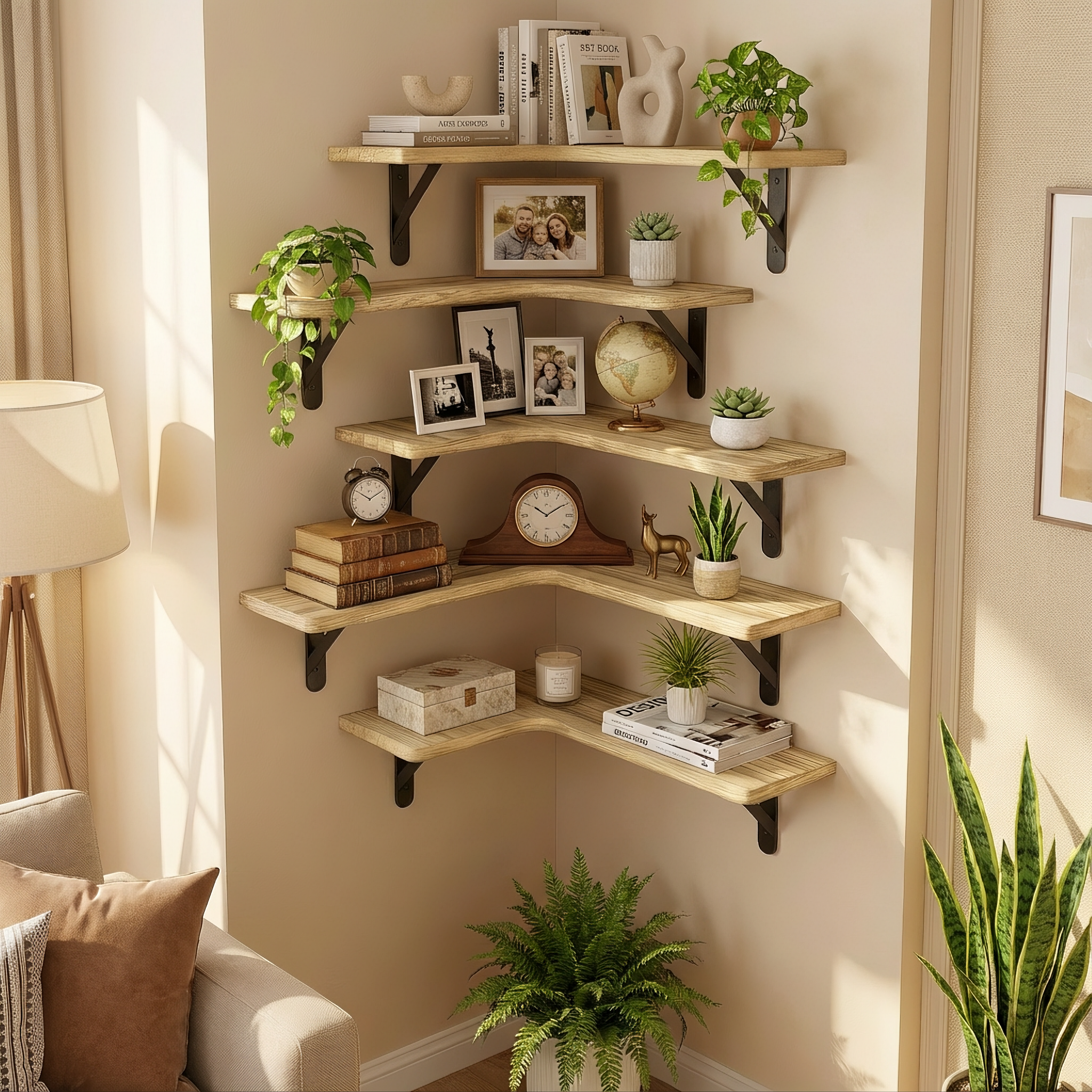 Rustic Corner Floating Shelves – Set of 5 Wall-Mounted Wood Shelves