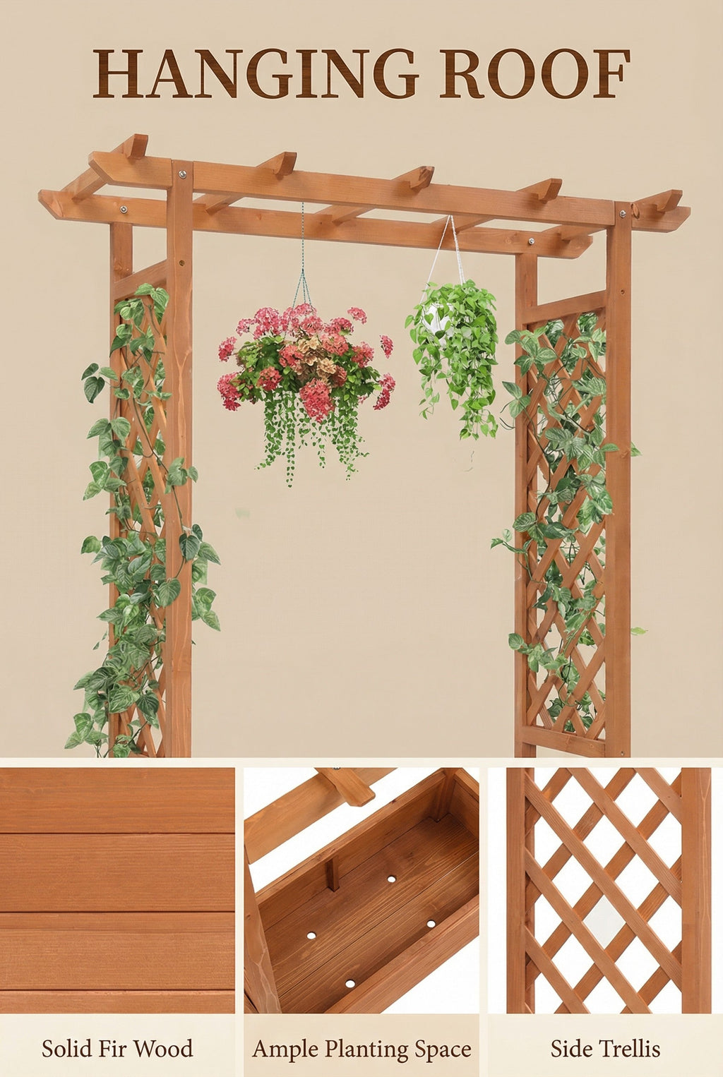 Raised Wooden Planter Box with Pergola Trellis – 100% Fir Wood, 4 Drainage Holes | Patio & Balcony