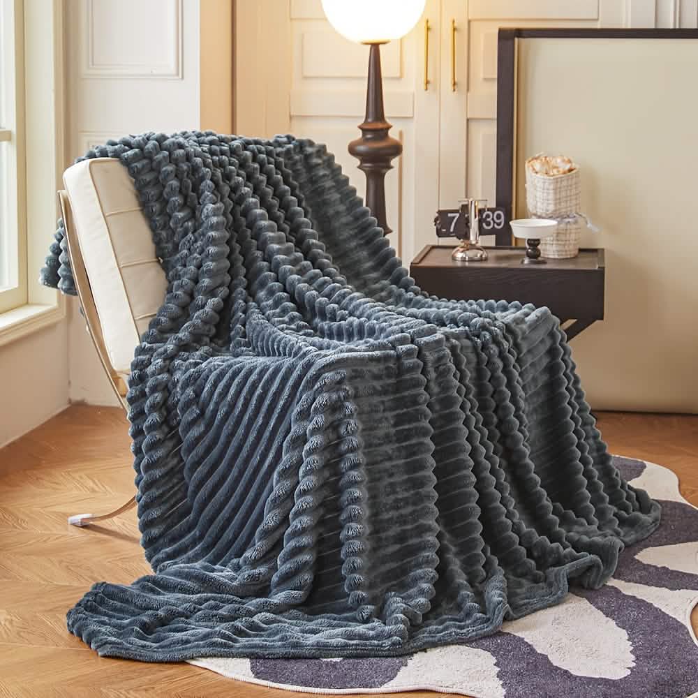 Ultra-Soft Double-Sided Fleece Blanket – Gray Striped | All-Season Comfort