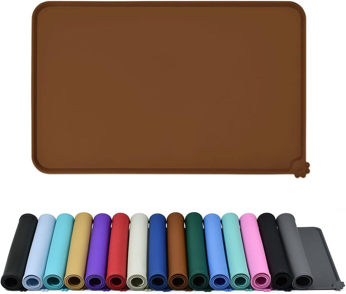 A rectangular brown silicone mat shown flat on a white background, with a row of rolled mats in multiple colors displayed along the bottom to show available color options.